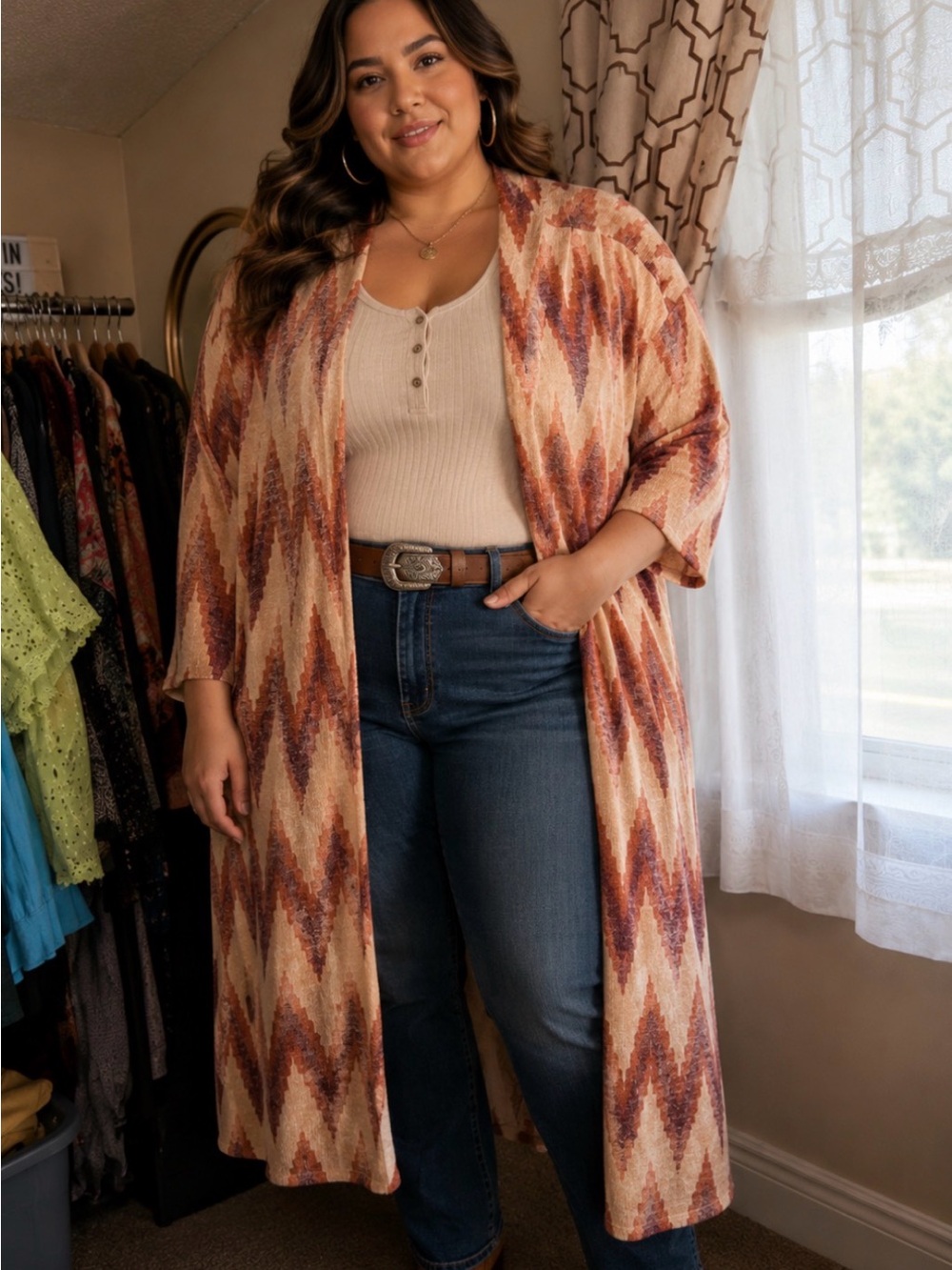 Maurices Chevron Duster Cardigan in Cream and Rust